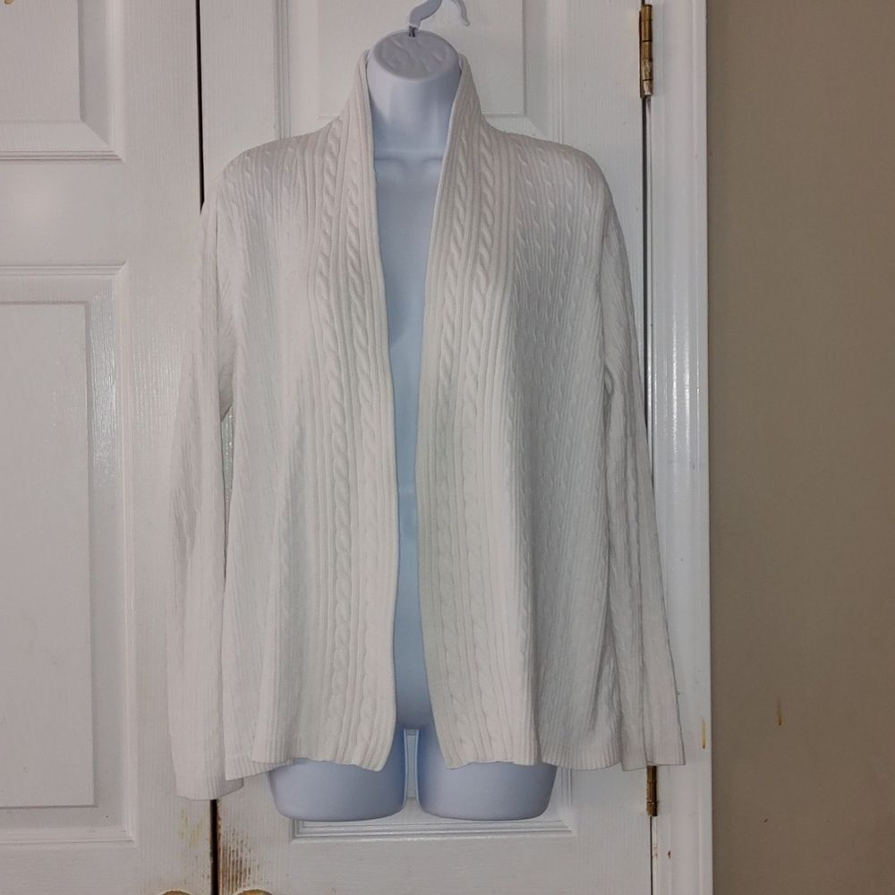 Kim Rogers White ribbed open front cardigan sweater  Sz L